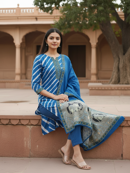 Lehariya Printed Sequin Embellished Straight Kurta with Palazzo & Dupatta - Blue