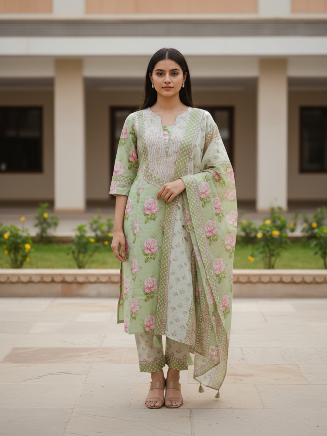 Floral Printed Embroidered A-Line Kurta with Palazzo & Dupatta - Green