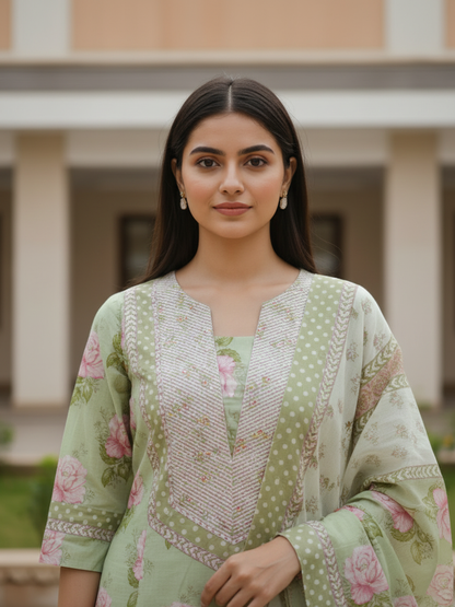 Floral Printed Embroidered A-Line Kurta with Palazzo & Dupatta - Green