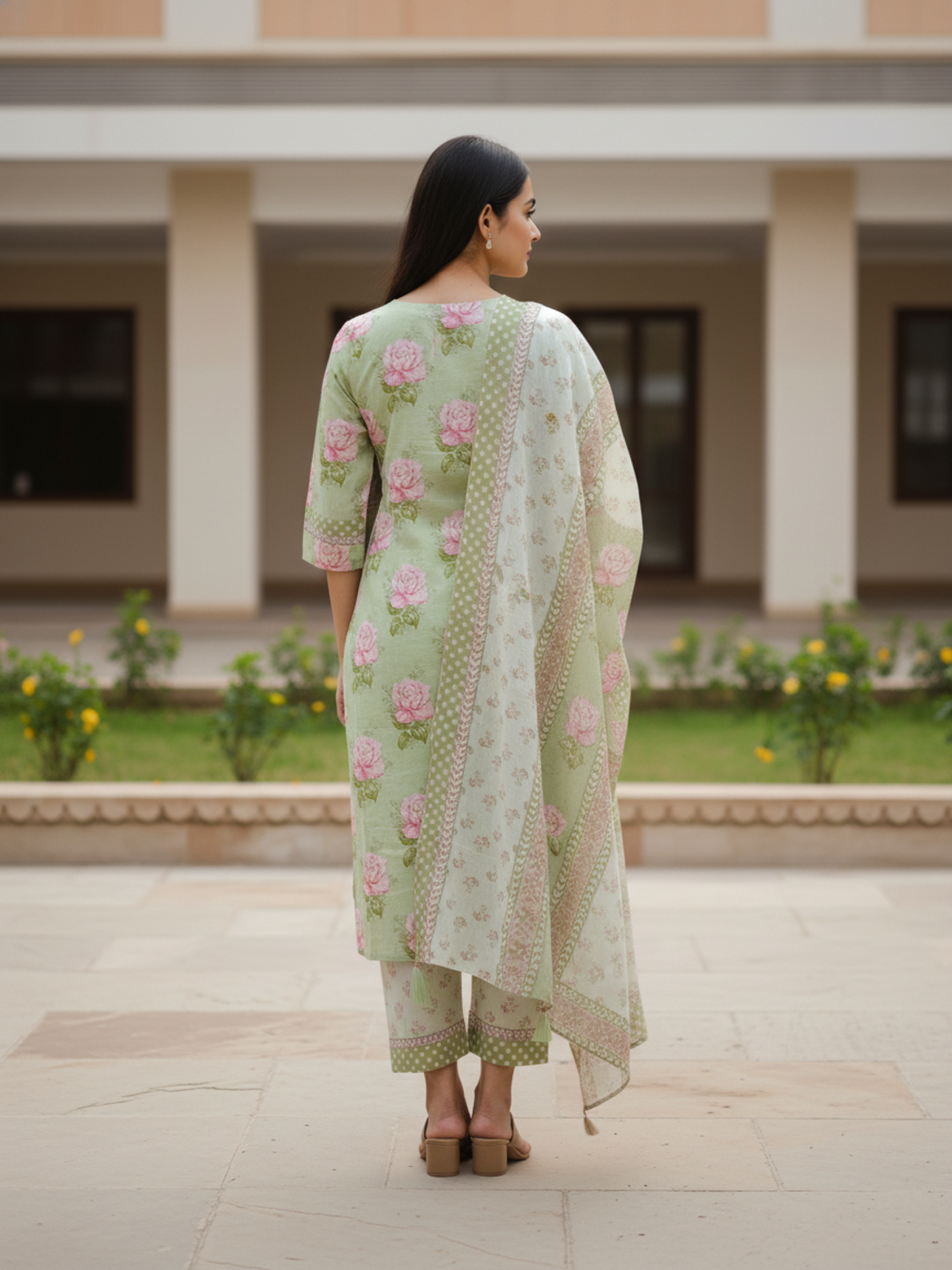 Floral Printed Embroidered A-Line Kurta with Palazzo & Dupatta - Green