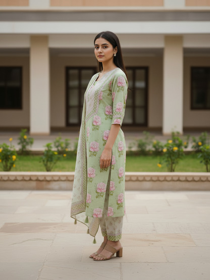Floral Printed Embroidered A-Line Kurta with Palazzo & Dupatta - Green