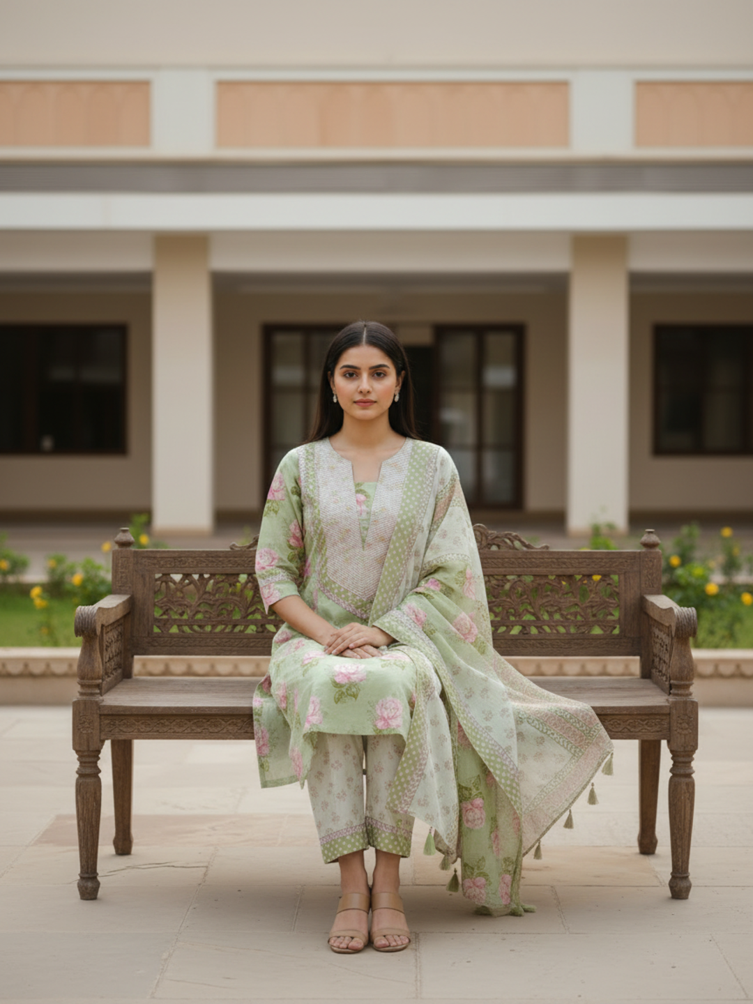 Floral Printed Embroidered A-Line Kurta with Palazzo & Dupatta - Green