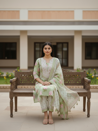 Floral Printed Embroidered A-Line Kurta with Palazzo & Dupatta - Green