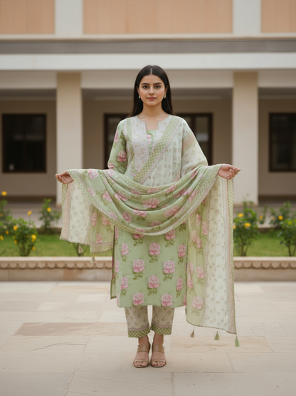 Floral Printed Embroidered A-Line Kurta with Palazzo & Dupatta - Green