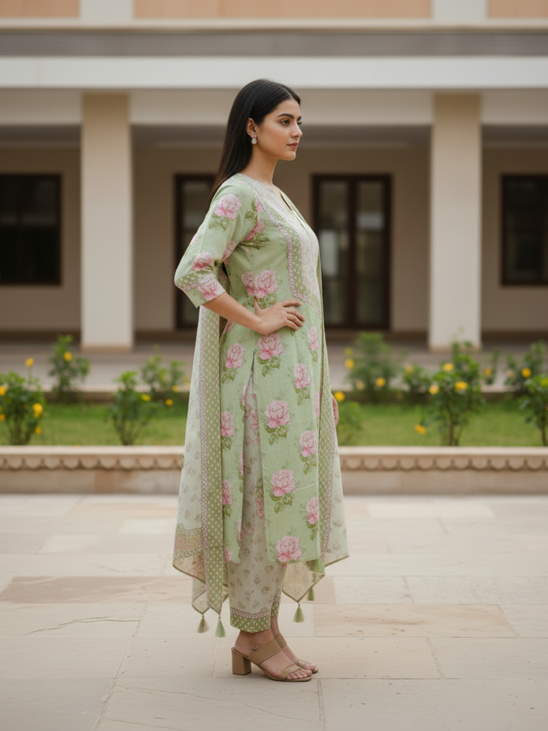 Floral Printed Embroidered A-Line Kurta with Palazzo & Dupatta - Green