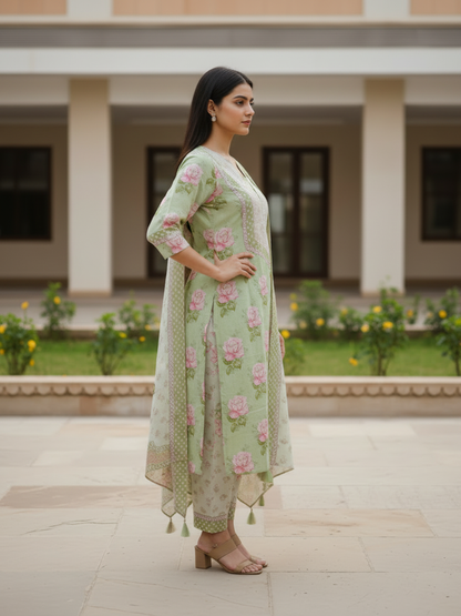Floral Printed Embroidered A-Line Kurta with Palazzo & Dupatta - Green