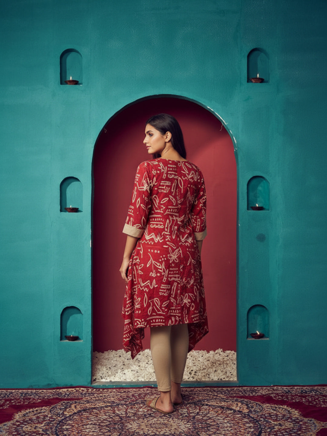 Abstract Printed Embroidered Asymmetric Kurta with Pant - Maroon