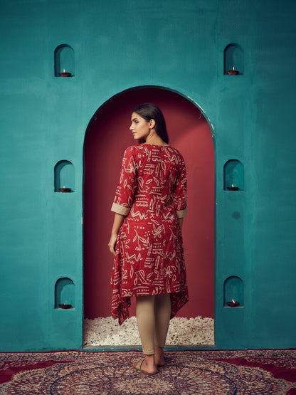 Abstract Printed Embroidered Asymmetric Kurta with Pant - Maroon