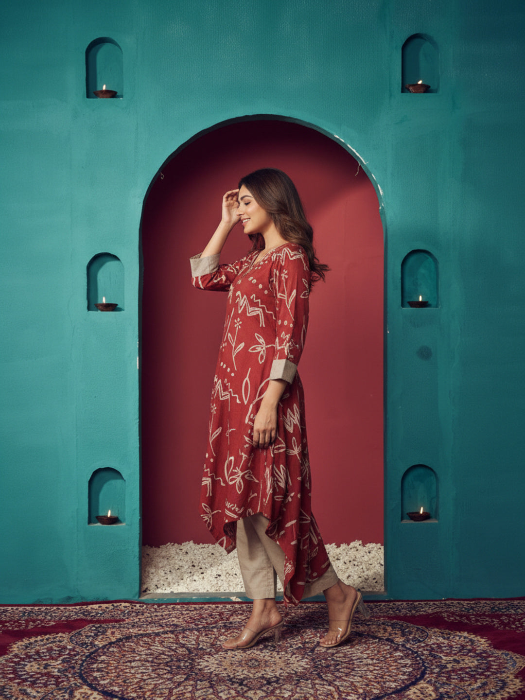 Abstract Printed Embroidered Asymmetric Kurta with Pant - Maroon