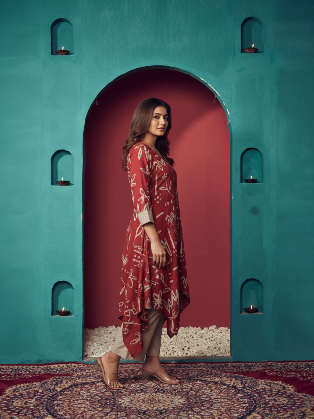 Abstract Printed Embroidered Asymmetric Kurta with Pant - Maroon