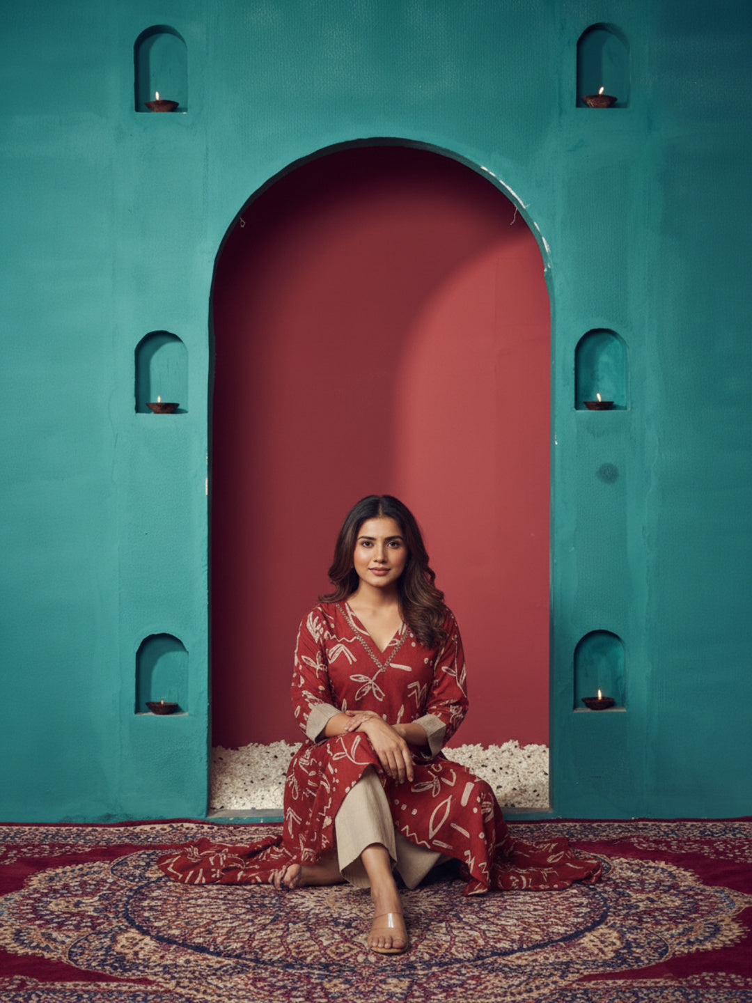 Abstract Printed Embroidered Asymmetric Kurta with Pant - Maroon