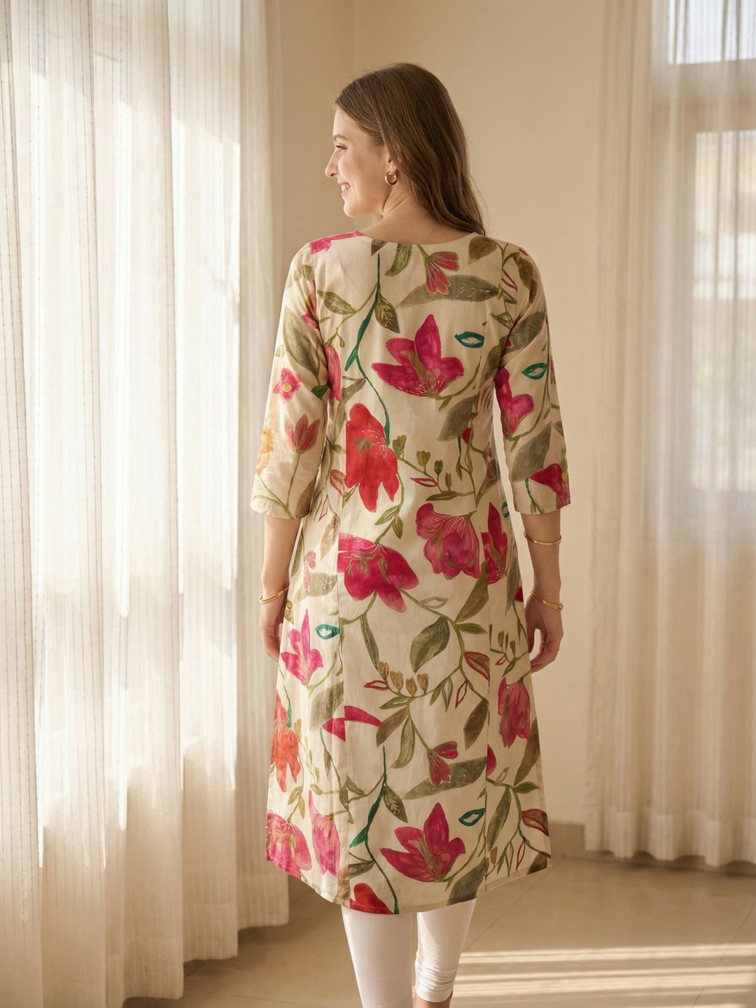 Floral Printed Embroidered A-Line Kurta - White