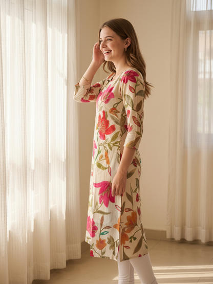 Floral Printed Embroidered A-Line Kurta - White