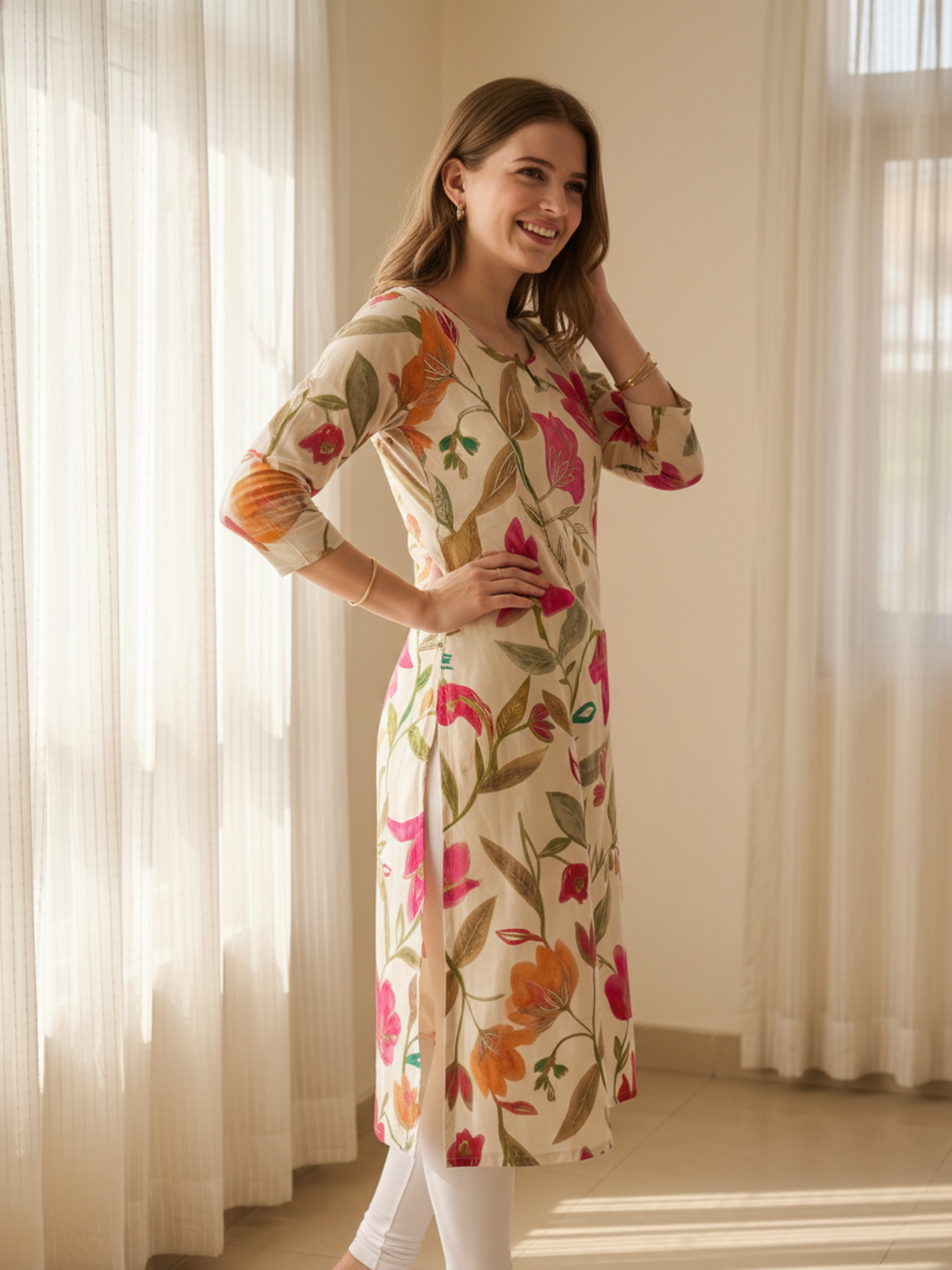 Floral Printed Embroidered A-Line Kurta - White