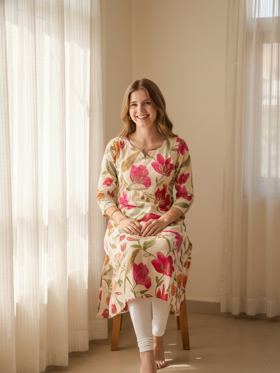 Floral Printed Embroidered A-Line Kurta - White