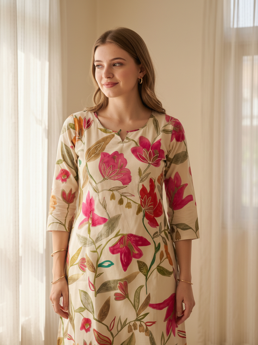 Floral Printed Embroidered A-Line Kurta - White