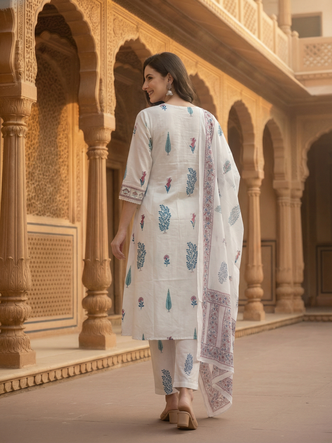 Ethnic Printed Embroidered A-Line Kurta with Pant & Dupatta - White