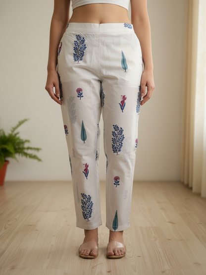 Ethnic Printed Embroidered A-Line Kurta with Pant & Dupatta - White