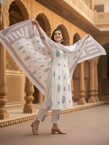 Ethnic Printed Embroidered A-Line Kurta with Pant & Dupatta - White