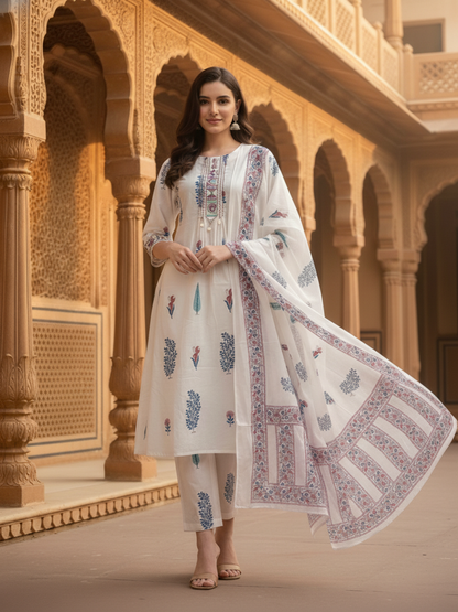 Ethnic Printed Embroidered A-Line Kurta with Pant & Dupatta - White