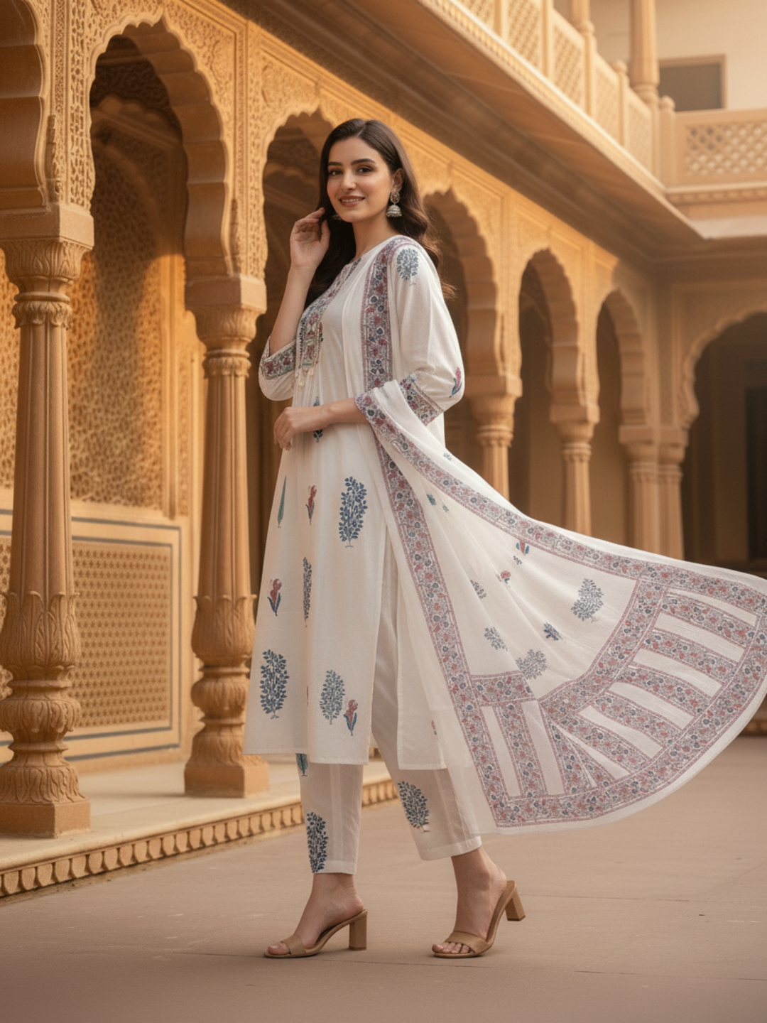 Ethnic Printed Embroidered A-Line Kurta with Pant & Dupatta - White