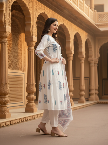 Ethnic Printed Embroidered A-Line Kurta with Pant & Dupatta - White
