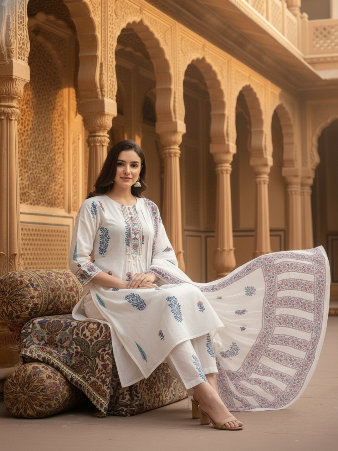 Ethnic Printed Embroidered A-Line Kurta with Pant & Dupatta - White