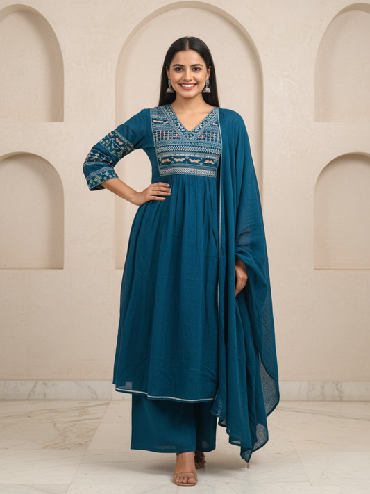 Solid Sequin & Embroidered A-Line Kurta with Pyjama & Dupatta - Teal