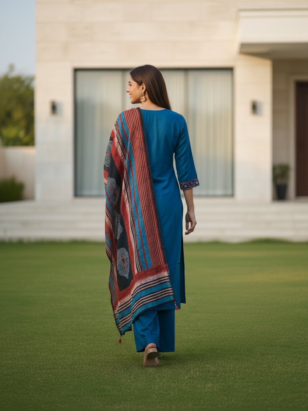Ethnic Printed Embroidered A-Line Kurta with Pant & Dupatta - Navy Blue