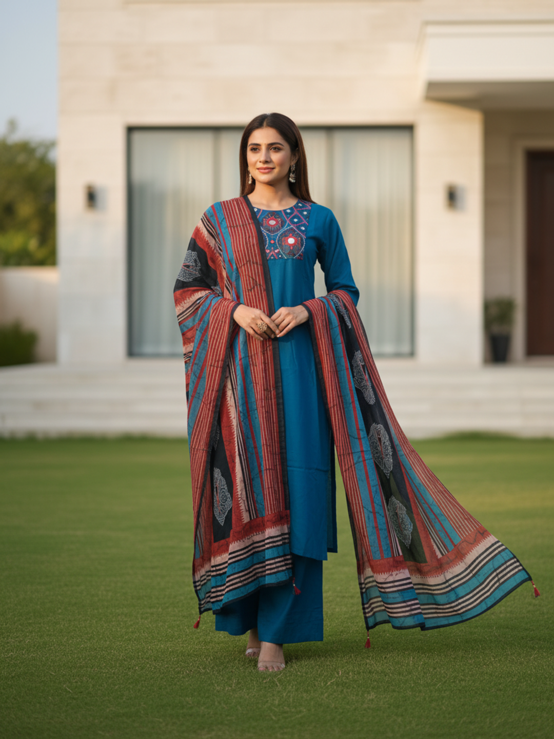 Ethnic Printed Embroidered A-Line Kurta with Pant & Dupatta - Navy Blue
