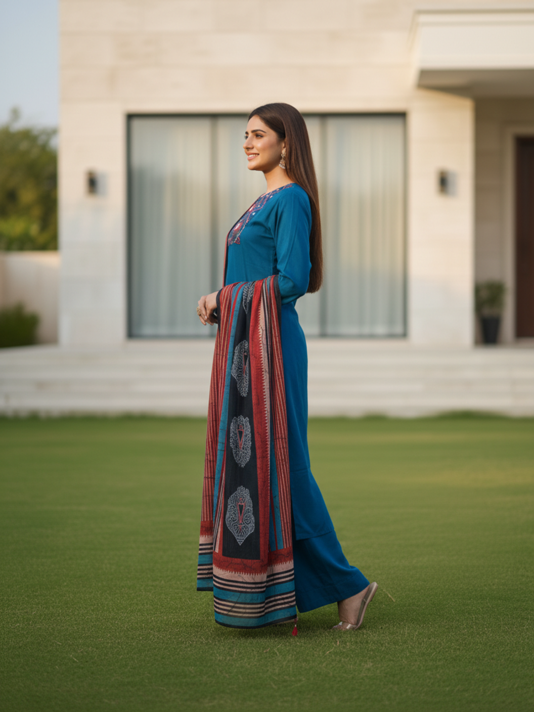 Ethnic Printed Embroidered A-Line Kurta with Pant & Dupatta - Navy Blue
