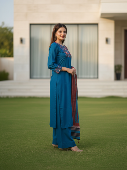 Ethnic Printed Embroidered A-Line Kurta with Pant & Dupatta - Navy Blue