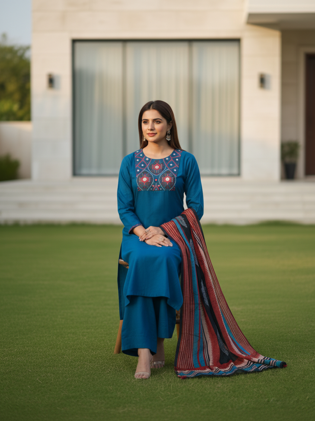 Ethnic Printed Embroidered A-Line Kurta with Pant & Dupatta - Navy Blue