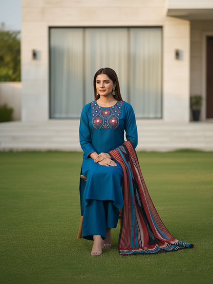 Ethnic Printed Embroidered A-Line Kurta with Pant & Dupatta - Navy Blue