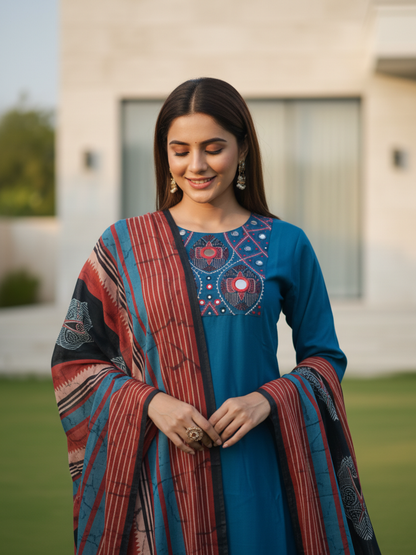 Ethnic Printed Embroidered A-Line Kurta with Pant & Dupatta - Navy Blue