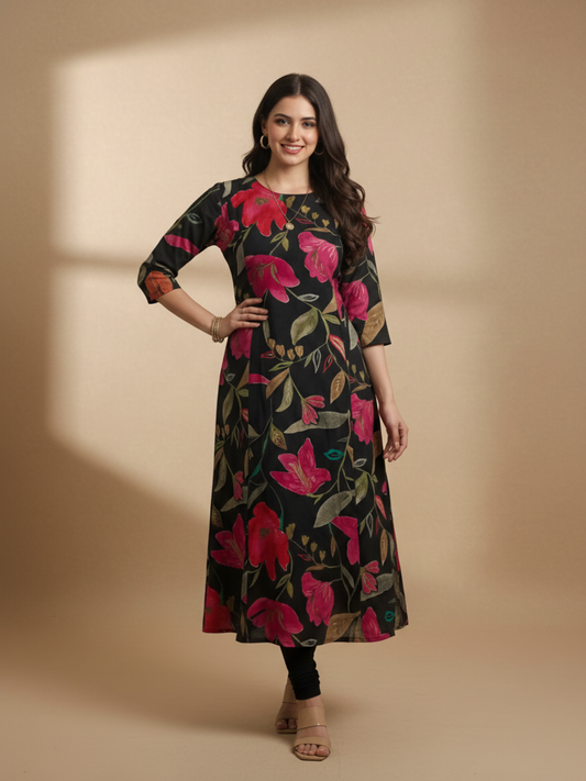 Floral Printed Embroidered A-Line Kurta - Black