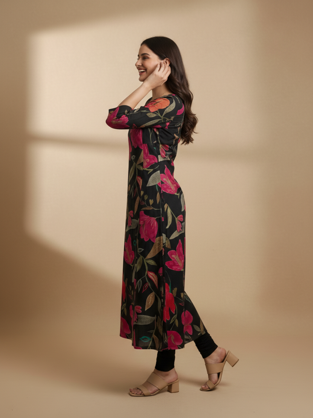 Floral Printed Embroidered A-Line Kurta - Black