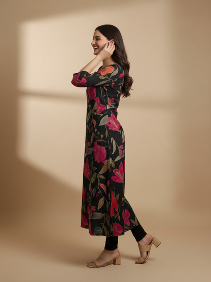 Floral Printed Embroidered A-Line Kurta - Black