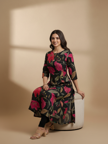 Floral Printed Embroidered A-Line Kurta - Black