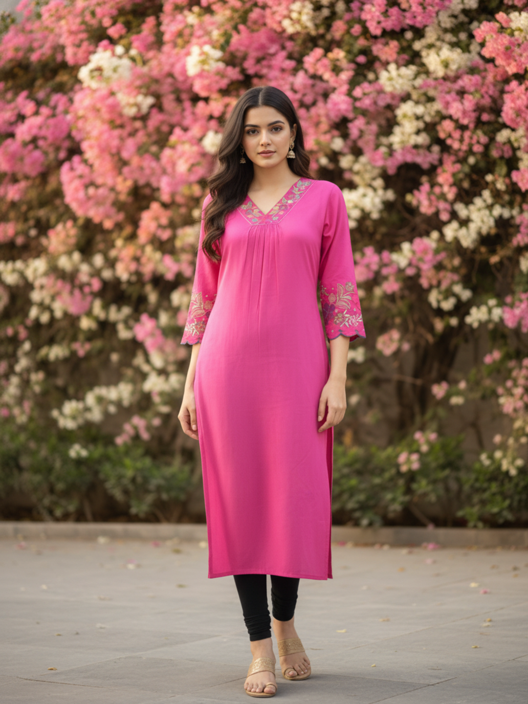 Solid Floral Embroidered Straight Kurta - Magenta