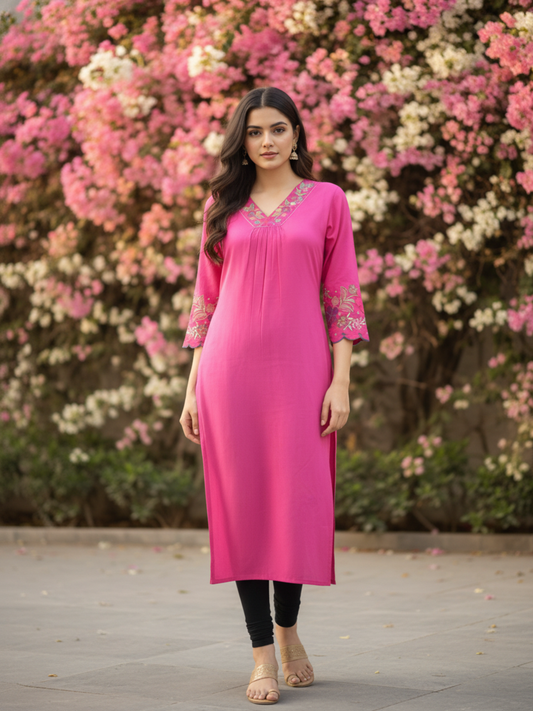 Solid Floral Embroidered Straight Kurta - Magenta