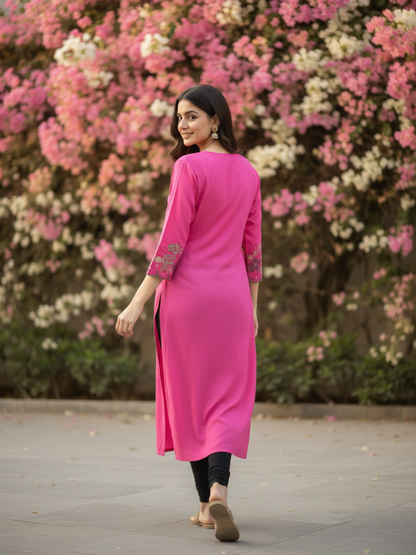 Solid Floral Embroidered Straight Kurta - Magenta