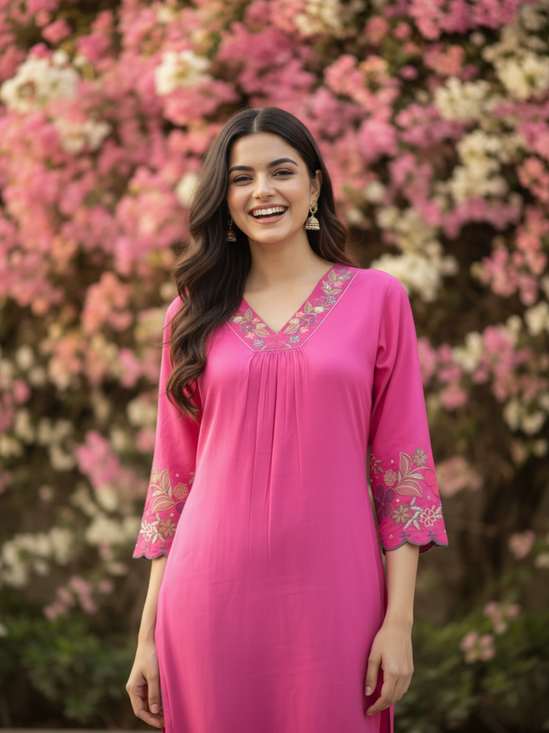 Solid Floral Embroidered Straight Kurta - Magenta