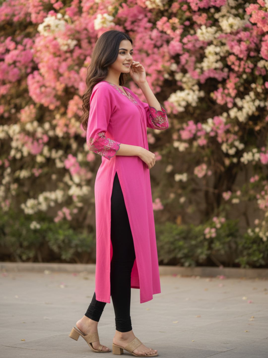 Solid Floral Embroidered Straight Kurta - Magenta