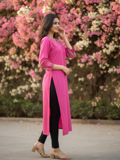 Solid Floral Embroidered Straight Kurta - Magenta