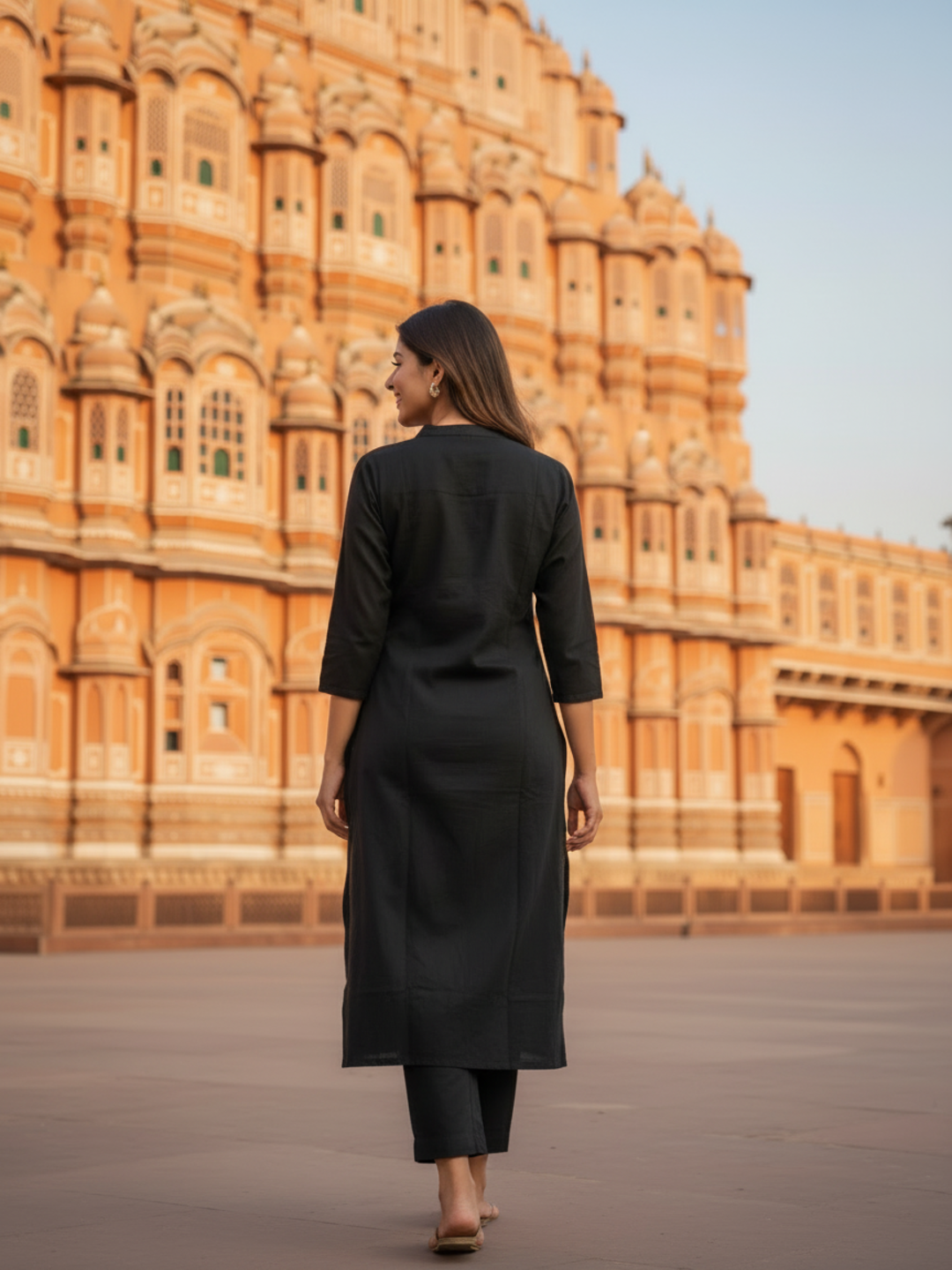 Solid Floral Embroidered A-Line Kurta with Palazzo - Black