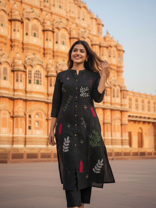 Solid Floral Embroidered A-Line Kurta with Palazzo - Black