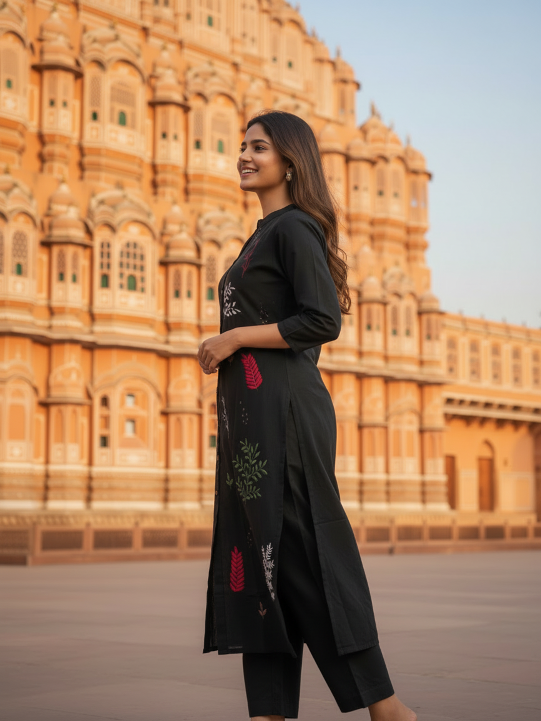 Solid Floral Embroidered A-Line Kurta with Palazzo - Black