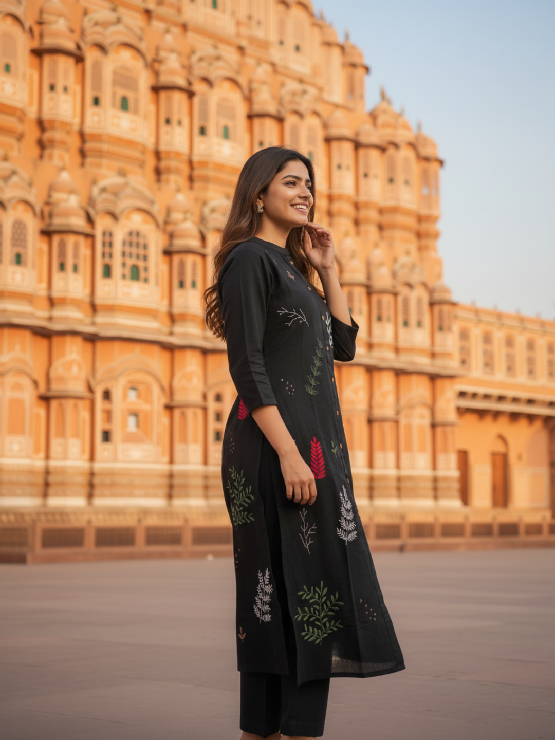 Solid Floral Embroidered A-Line Kurta with Palazzo - Black
