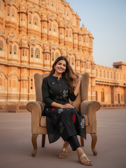 Solid Floral Embroidered A-Line Kurta with Palazzo - Black